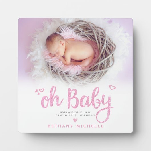 Oh Baby Cute Girl Birth Foto Pink Script Keepomwil Fotoplaat (Voorkant)