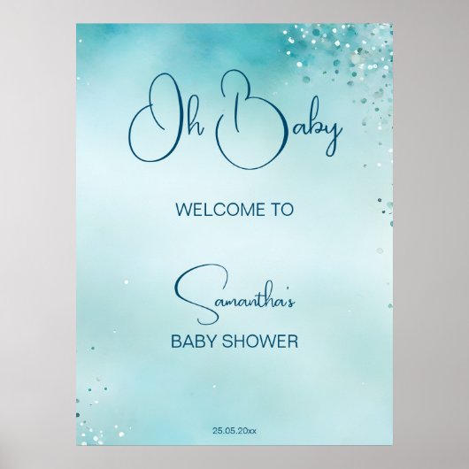 Oh baby cyaan aqua blauw baby shower welkom poster (Voorkant)