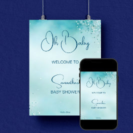 Oh baby cyaan aqua blauw baby shower welkom poster