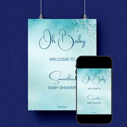 Oh baby cyaan aqua blauw baby shower welkom poster