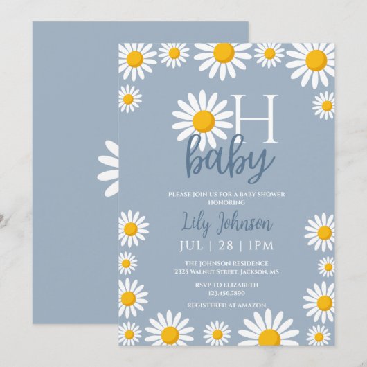 Oh Baby Daisy Dusty Blue Baby shower Kaart (Voorkant / Achterkant)