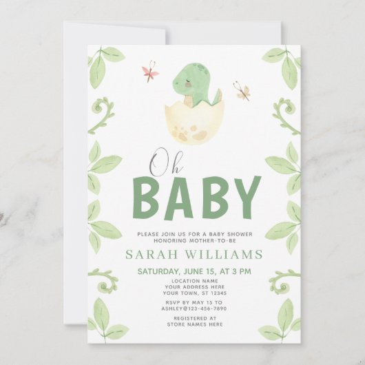 Oh Baby Dinosaurus Meisje Groene Waterverf Douche Kaart (Voorkant)