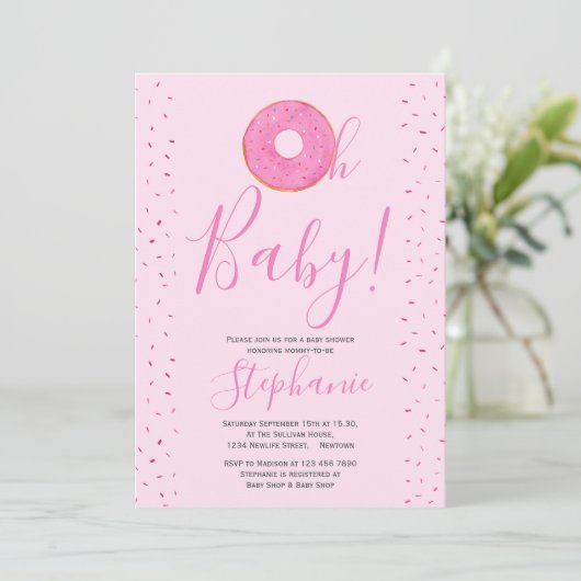 Oh Baby Donut Pink Girl's Baby shower Uitnodiging (Staand voorkant)