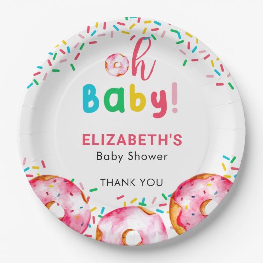 Oh Baby Donut Shower Cute Rainbow Sprinkles Papieren Bordje (Voorkant)