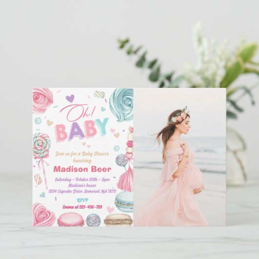 Oh Baby! Donut Sprinkle Meisjes Baby shower Foto Kaart (Staand voorkant)