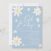 Oh Baby Dusty Blue Daisy Baby shower Invitation Kaart (Voorkant)