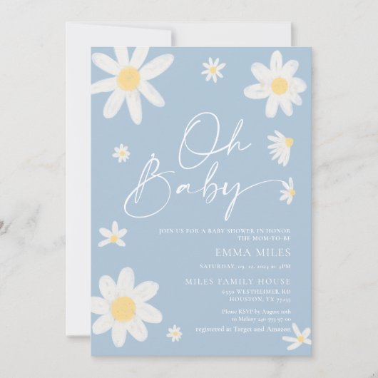 Oh Baby Dusty Blue Daisy Baby shower Invitation Kaart (Voorkant)