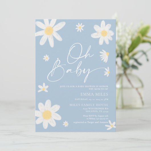 Oh Baby Dusty Blue Daisy Baby shower Invitation Kaart (Staand voorkant)