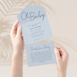 Oh Baby Dusty Blue Minimal Baby shower All In One Uitnodiging
