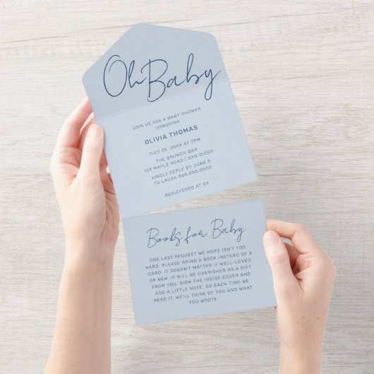 Oh Baby Dusty Blue Minimal Baby shower All In One Uitnodiging (Afscheurbaar)