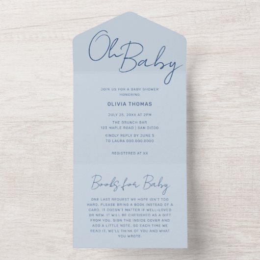 Oh Baby Dusty Blue Minimal Baby shower All In One Uitnodiging (Binnen)