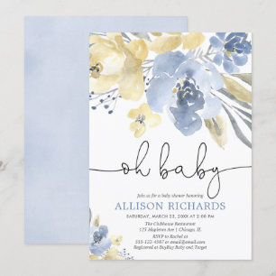 Oh baby dusty blue yellow floral boy baby shower kaart