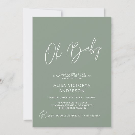 Oh Baby Dusty Green Simple Shower Invitation Kaart (Voorkant)