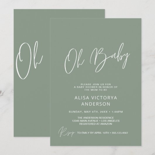 Oh Baby Dusty Green Simple Shower Invitation Kaart (Voorkant / Achterkant)