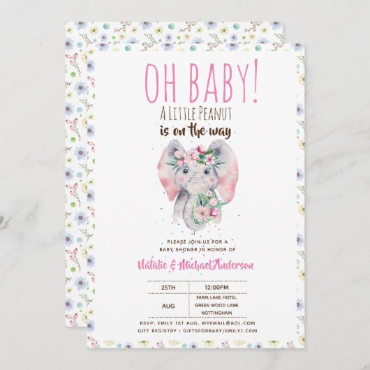 Oh Baby Een kleine pinda Boho Elephant Boho Flower Kaart (Voorkant / Achterkant)