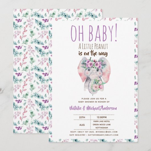 Oh Baby Een Kleine Pinda Olifant Boho Bloemige Chi Kaart (Voorkant / Achterkant)