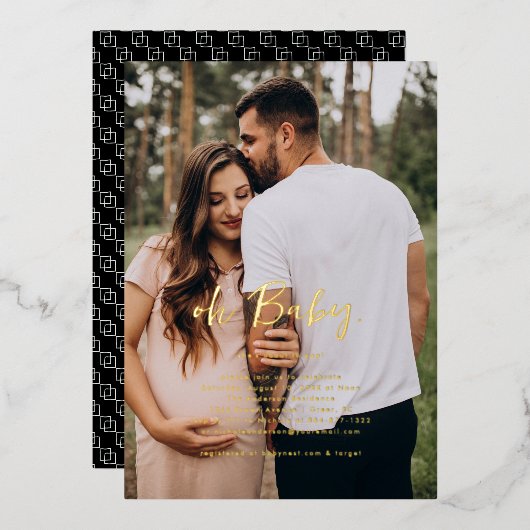 Oh Baby | Eenvoudig foto-Baby shower Folie Uitnodiging (Voorkant / Achterkant)