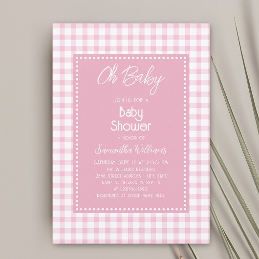 Oh Baby Eenvoudige Retro Roze Gingham Meisje Baby  Kaart