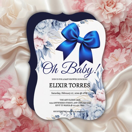 Oh Baby! Elegant Bloemen Blauw Boog Baby shower Kaart