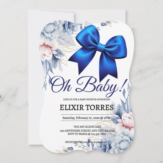 Oh Baby! Elegant Bloemen Blauw Boog Baby shower Kaart (Voorkant)