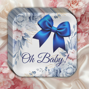 Oh Baby! Elegant Bloemen Blauw Boog Baby shower Papieren Bordje