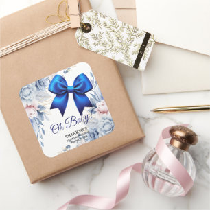 Oh Baby! Elegant Bloemen Blauw Boog Baby shower Vierkante Sticker