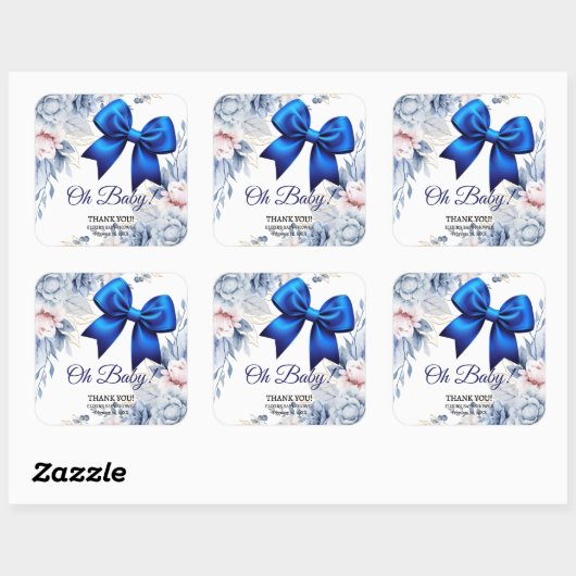 Oh Baby! Elegant Bloemen Blauw Boog Baby shower Vierkante Sticker (Vel)