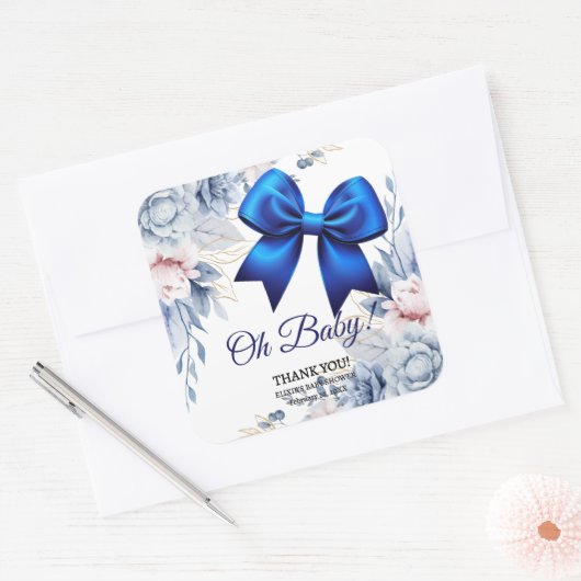 Oh Baby! Elegant Bloemen Blauw Boog Baby shower Vierkante Sticker (Envelop)