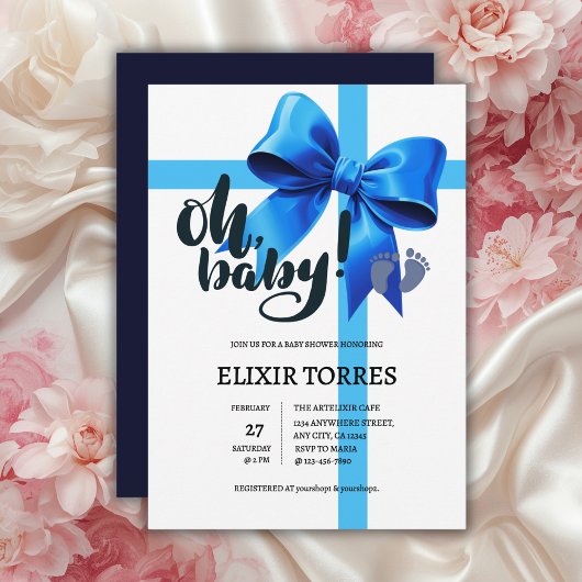 Oh Baby! Elegant Blue Bow Baby shower Kaart