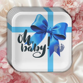 Oh Baby! Elegant Blue Bow Baby shower Papieren Bordje