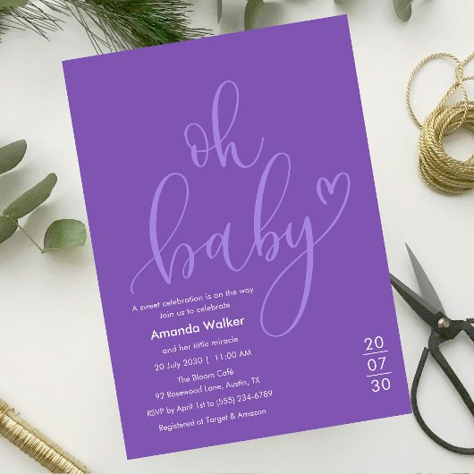 Oh Baby!  Elegant Purple Script Baby Shower Kaart