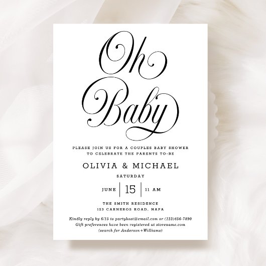 Oh Baby Elegant Script B&W Neutral Baby Shower Kaart
