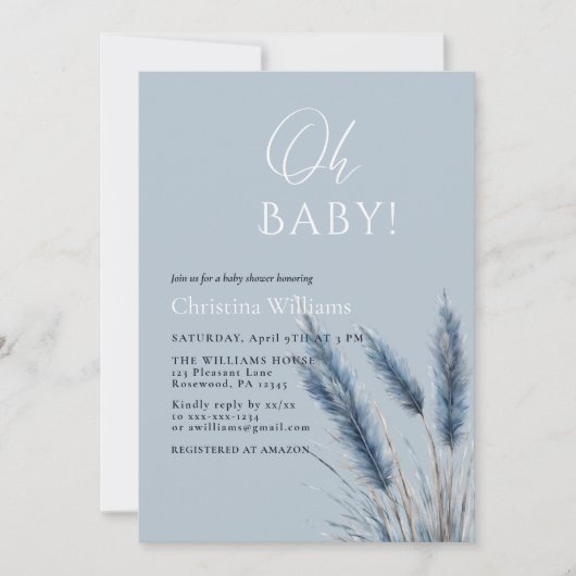 Oh Baby Elegant Script Blue Pampas Baby shower Kaart (Voorkant)