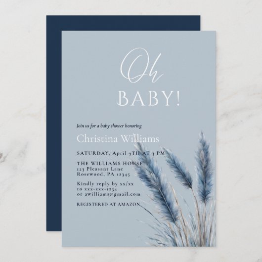 Oh Baby Elegant Script Blue Pampas Baby shower Kaart (Voorkant / Achterkant)