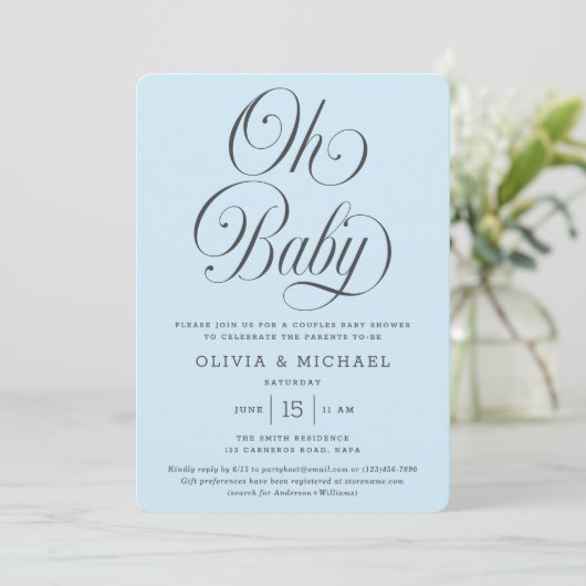 Oh Baby Elegant Script Light Blue Boy Baby Shower Kaart (Staand voorkant)