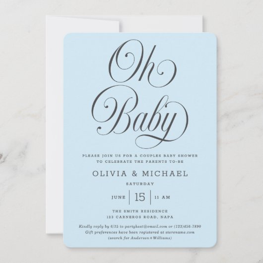 Oh Baby Elegant Script Light Blue Boy Baby Shower Kaart (Voorkant)