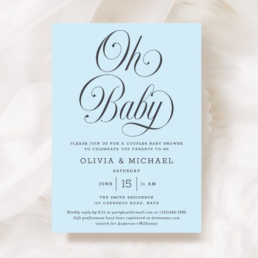 Oh Baby Elegant Script Light Blue Boy Baby Shower Kaart