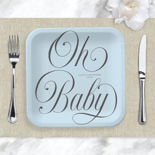 Oh Baby Elegant Script Lt. Blue Boy Baby Shower Papieren Bordje