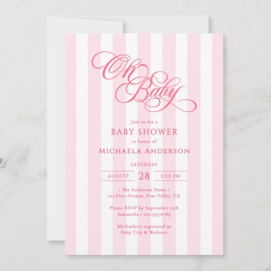 Oh Baby Elegant Script & Stripes Baby shower Kaart (Voorkant)