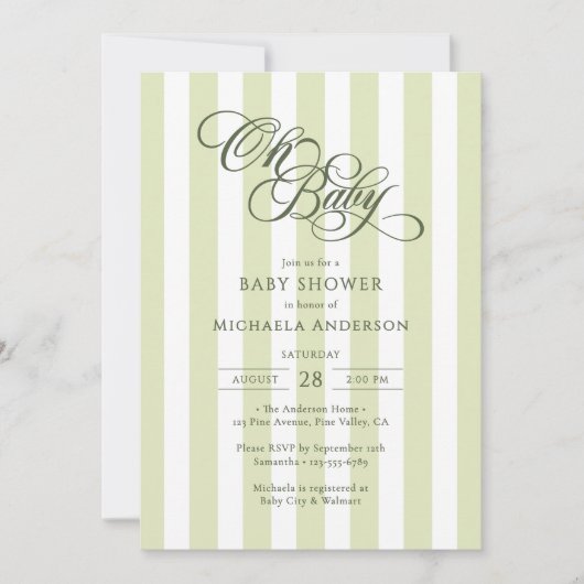 Oh Baby Elegant Script & Stripes Baby shower Kaart (Voorkant)