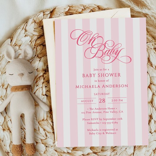 Oh Baby Elegant Script & Stripes Baby shower Kaart