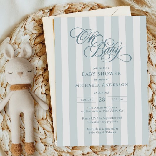 Oh Baby Elegant Script & Stripes Baby shower Kaart