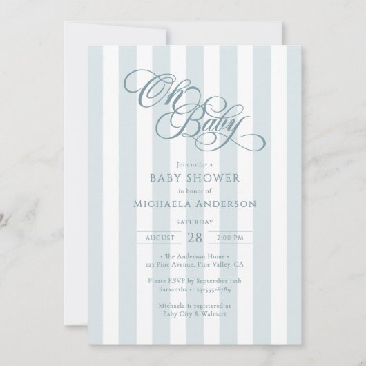 Oh Baby Elegant Script & Stripes Baby shower Kaart (Voorkant)