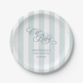 Oh Baby Elegant Script & Stripes Baby shower Papieren Bordje (Voorkant)