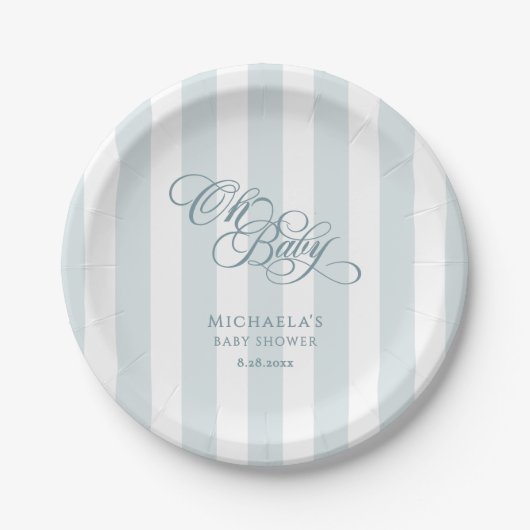 Oh Baby Elegant Script & Stripes Baby shower Papieren Bordje (Voorkant)