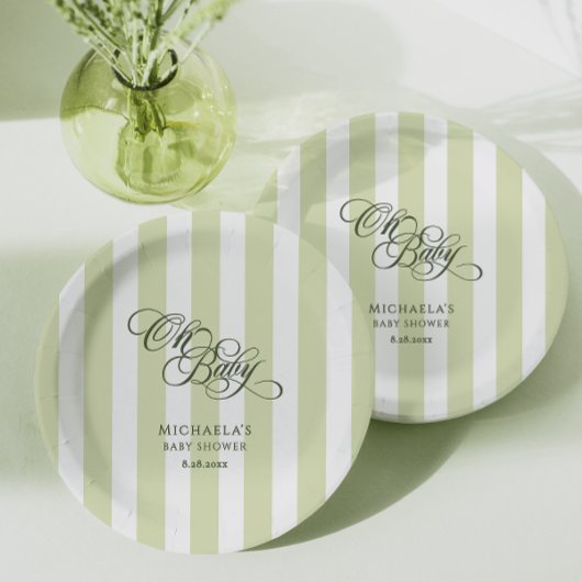 Oh Baby Elegant Script & Stripes Baby shower Papieren Bordje