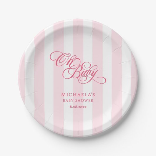 Oh Baby Elegant Script & Stripes Baby shower Papieren Bordje (Voorkant)