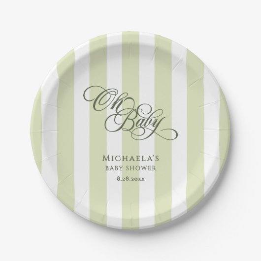 Oh Baby Elegant Script & Stripes Baby shower Papieren Bordje (Voorkant)