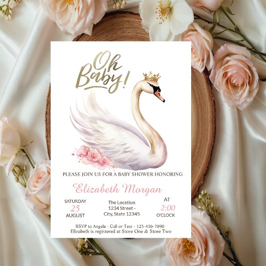 Oh Baby Elegant Swan Crown Flowers Baby shower Kaart