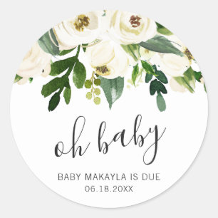 Oh Baby Elegant White Floral Girl Baby shower Ronde Sticker